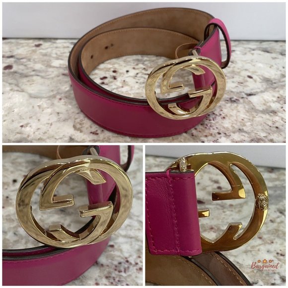 Authentic Gucci Hot Pink Calfskin Leather Gold Interlocking G Buckle Belt 80/32 - Picture 5 of 13